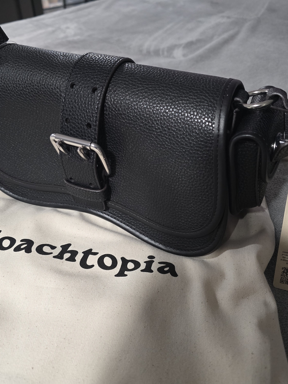 Coach Black Pebbled Leather Messenger Saddle Bag with Silver Hardware